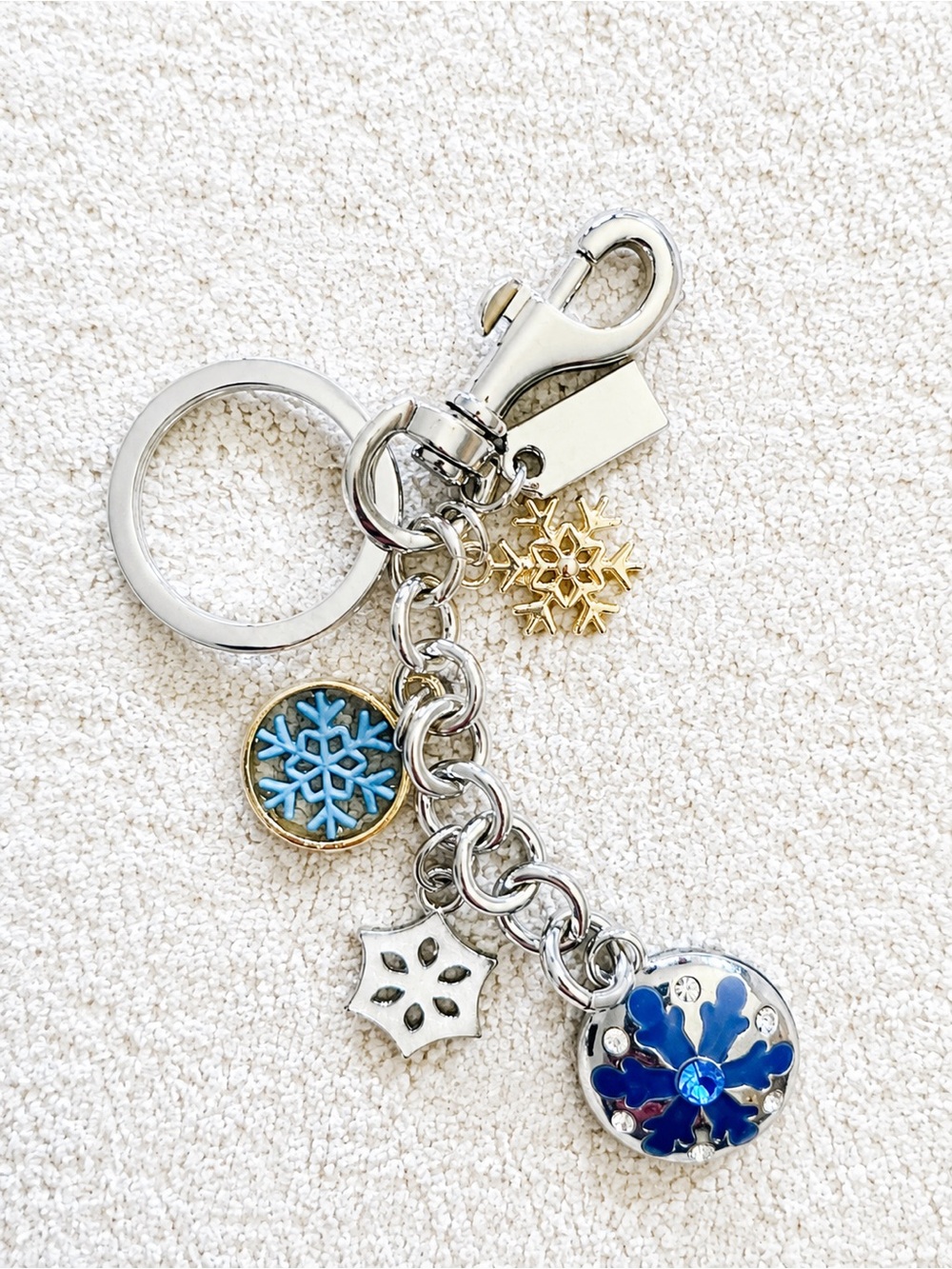 Silver Snowflake Charm Keychain with Blue Accents